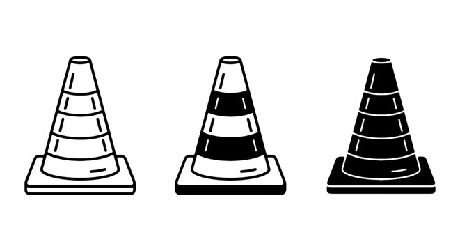 Traffic Cone Icons, Safety Warning Cones, Construction Site Markers, Vector Set