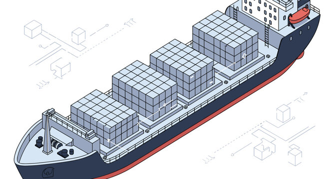 Large commercial container ship transporting many cargo boxes across the ocean in detailed isometric view for logistics and trade.