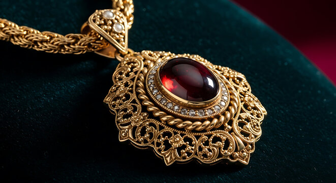 Ornate gold pendant with garnet gemstone on transparent background high quality professional