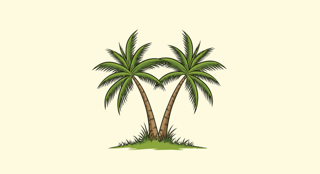 Tropical island landscape illustration featuring two palm trees crossing each other on small patch of green grass against cream.