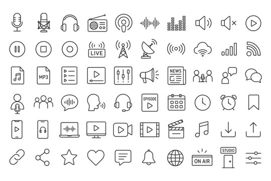 Media and communication icons set featuring radio, music, podcast, news, and social media symbols.
