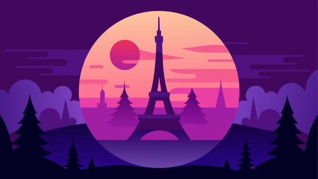 Eiffel tower silhouette at sunset with trees