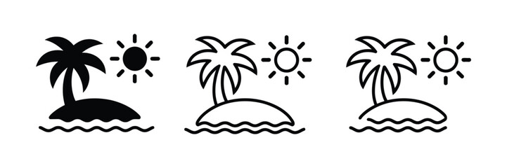 Tropical island vacation icon set featuring palm tree island sun and ocean waves in multiple vector styles for travel and summer design © MstMaya