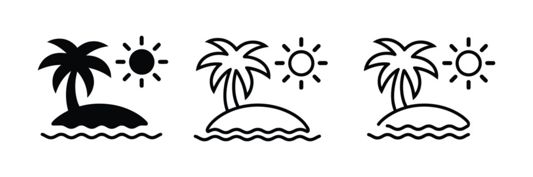 Tropical island vacation icon set featuring palm tree island sun and ocean waves in multiple vector styles for travel and summer design