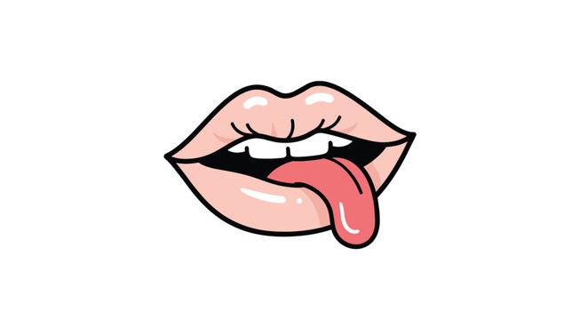Playful illustration of open female lips with soft pink lipstick and tongue sticking out in cheeky and fun facial expression.