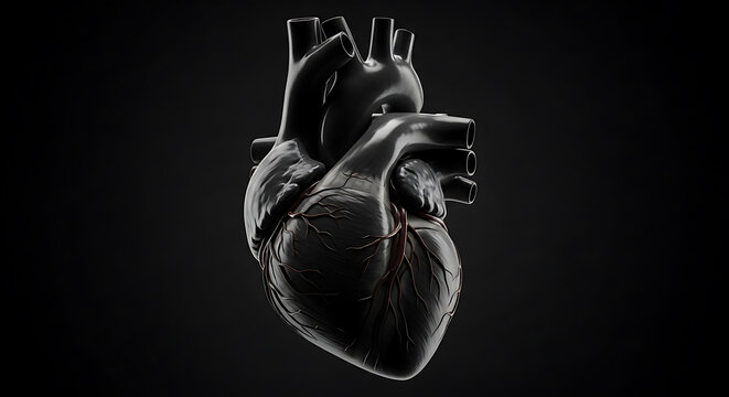 Anatomical heart model in black detailed veins and arteries on transparent background