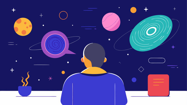 Person exploring futuristic virtual reality planets