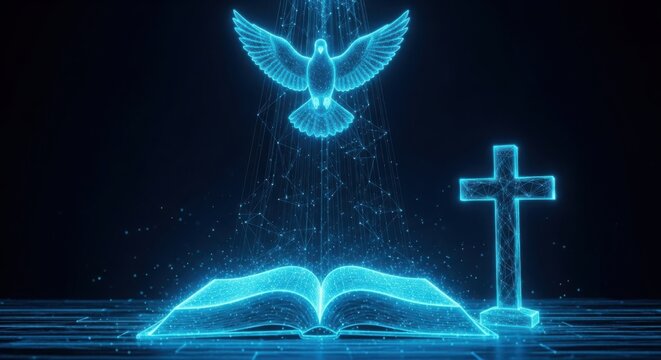 a blue glowing image of a dove a book and a cross illustration