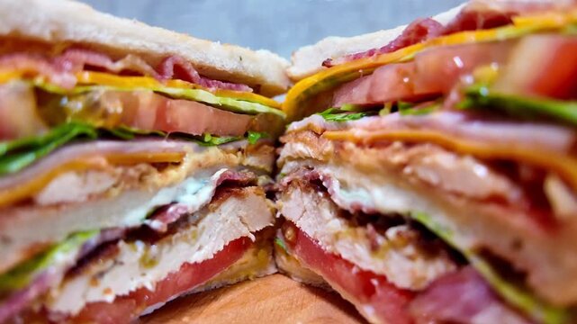 Juicy sandwich cross section close up pulling apart thick bacon cheese sandwich delicious gourmet fast food macro concept