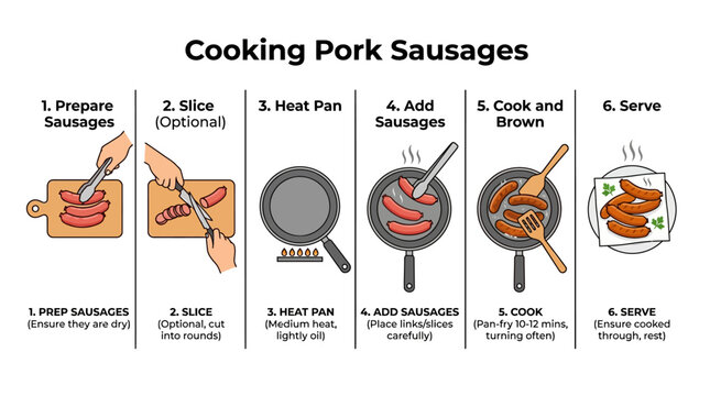 This instructional image illustrates the sequential steps for properly preparing and cooking delicious pork sausages in a home kitchen environment