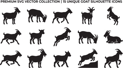 Obraz premium Premium svg vector collection 15 unique goat silhouette icons, black and white minimal goat symbol illustration set.