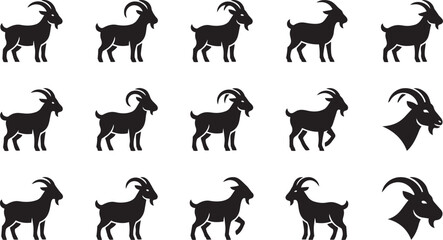 Fototapeta premium Large horn goat silhouette collection featuring majestic rams and profile head icons in black and white.
