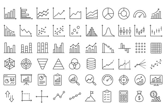 Collection of 50 simple line graph and chart icons for data analysis and visualization.