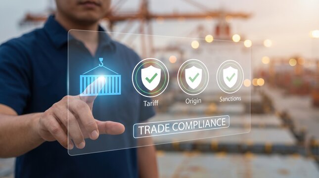 Geoeconomic fragmentation - Bare hand approves cargo icon at digital compliance checkpoint with shield, checkmark, and trade compliance labels.