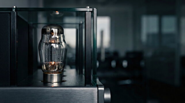 Vacuum tube glowing on high-fidelity audio amplifier, creating warm sound in minimalist interior, representing vintage electronics.