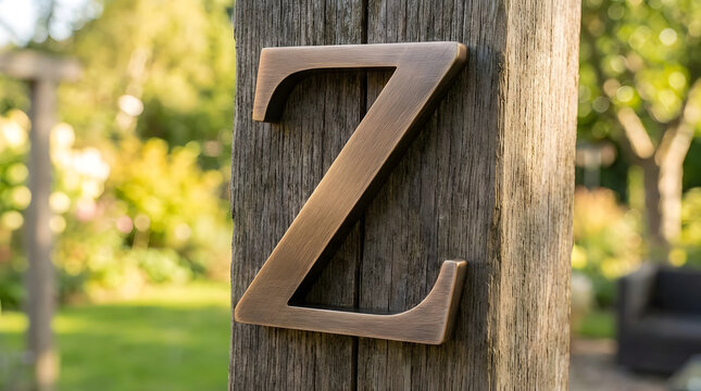 Elegant bronze-finished capital letter Z firmly mounted on a weathered wooden post, shining subtly in a sun-dappled garden, signifying individuality or a unique address point