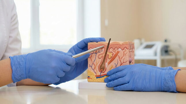 Skin anatomy model with doctor pointing at hair follicle, dermatology consultation in clinic for skin health explanation