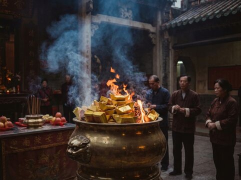 People observe burning joss paper gold ingots in traditional temple