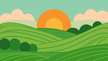 Sunset over green rolling hills landscape © Devili