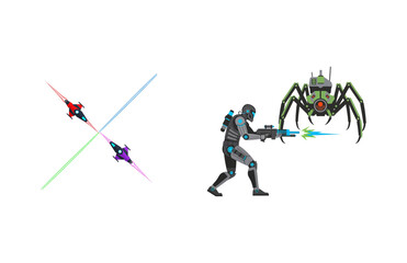 Fototapeta premium Futuristic Soldier Engages Alien Spider-Bot in Sci-Fi Combat Scene