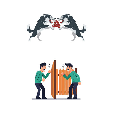 Two wolves fighting over prey and two men arguing over a fence, symbolizing conflict and dispute