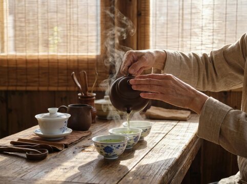 Person pouring hot tea from teapot into traditional ceramic cups