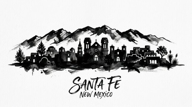 Santa Fe skyline silhouette featuring adobe architecture, church towers, and desert mountain outlines, artistic black and white ink illustration, elegant typography below reading "SANTA FE"