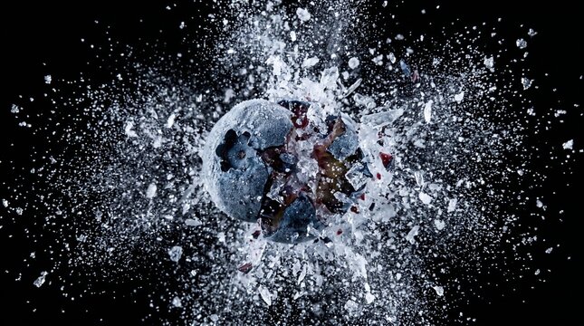 Frozen Blueberry Exploding into Ice Crystals on Black Background