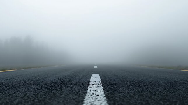 Foggy Road Leading into the Distance with White Lines.