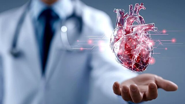 Medical doctor in a white coat with a stethoscope examining a futuristic, augmented reality, holographic human heart, showcasing innovation in cardiology and healthcare technology