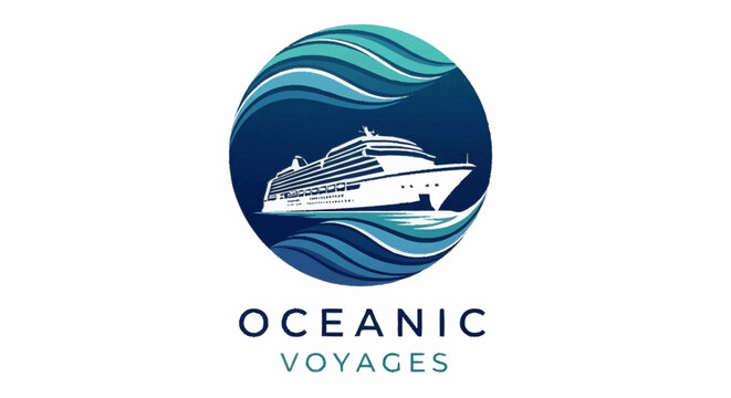 Luxury cruise ship logo with blue stylized waves in circular frame for ocean travel and vacation design