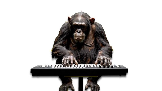 A realistic chimpanzee positioned behind a modern electronic piano keyboard, looking directly forward. This unique and engaging animal behavior concept is perfect for viral marketing, children's conte