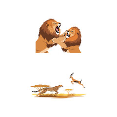 Two lions fighting intensely while a cheetah hunts an antelope in the African savanna © Zdihaha_studio