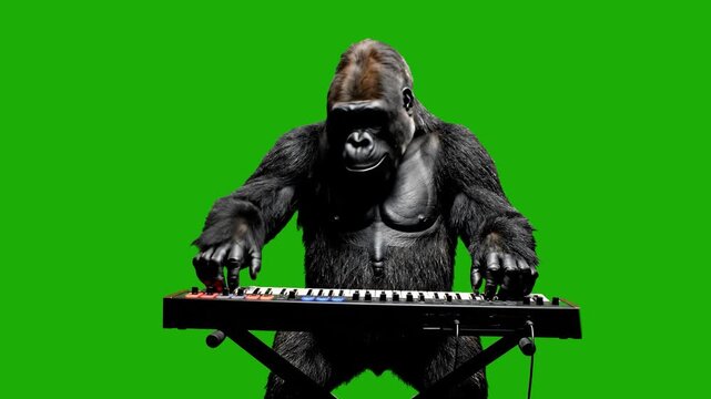 A muscular, photorealistic gorilla wearing a formal tuxedo jacket plays an electronic musical keyboard with intensely focused expressions. The background is a solid green screen, ready for custom back