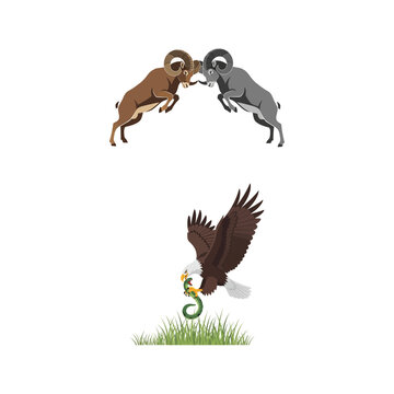 Two rams clashing heads and an eagle carrying a snake in its talons
