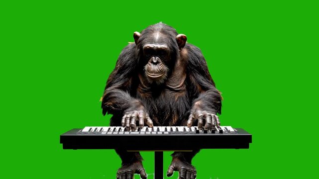 A hilarious video featuring a real chimpanzee sitting and enthusiastically playing an electronic synthesizer piano keyboard isolated against a solid chroma key green screen. Perfect for comedy sketche