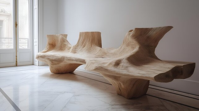 A beautifully crafted wooden bench designed with organic shapes, showcasing the seamless blend of nature and contemporary interior decor.