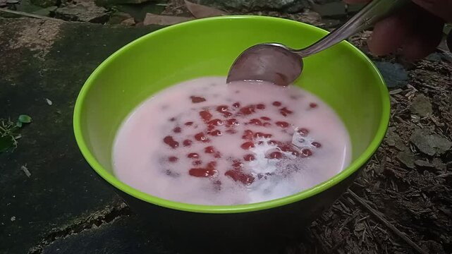Coconut milk pearl porridge, a traditional Indonesian dish made from chewy sago pearls with a splash of coconut milk sauce.