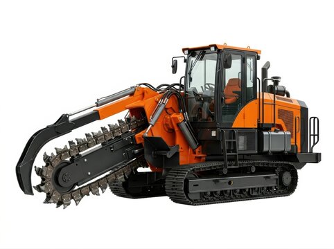 Orange trenching machine with black tracks and large digging arm isolated on white background heavy machinery