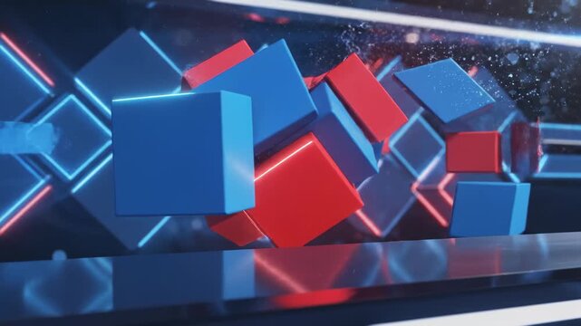Abstract cascade of vibrant red and electric blue geometric polyhedrons forming a dynamic, futuristic structural arrangement with glowing neon illumination and cosmic particles suggesting