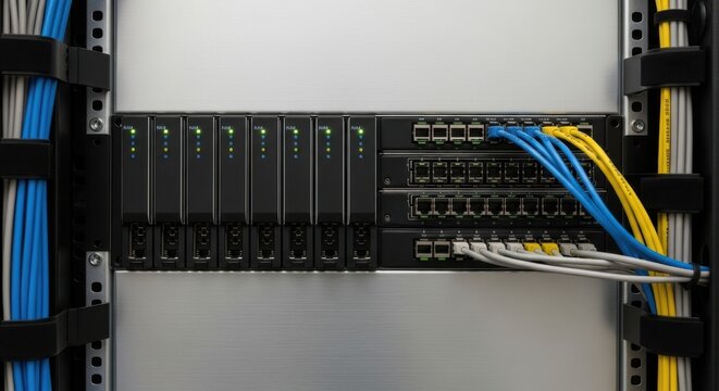 Rack-mounted network interface modules and switches with blue and yellow cables in a server room