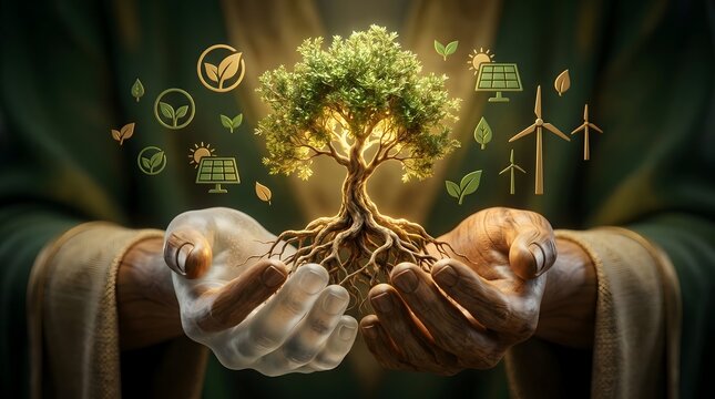 Nature conservation and green energy concept showing open hands holding a glowing rooted tree surrounded by floating golden renewable energy icons