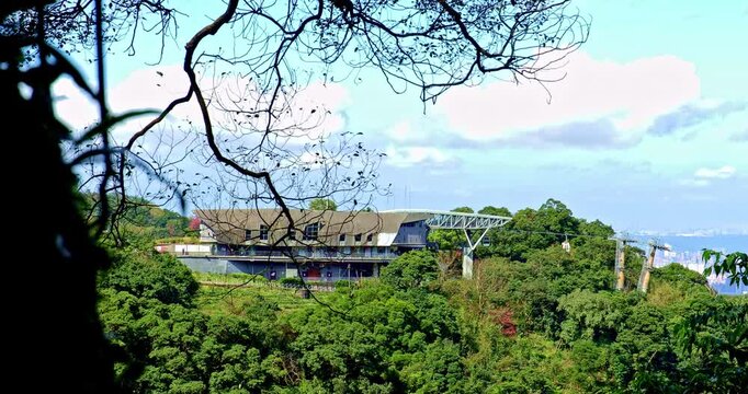 Panoramic views from the Taipei Maokong Gondola station nestled amidst lush green mountains and forests.