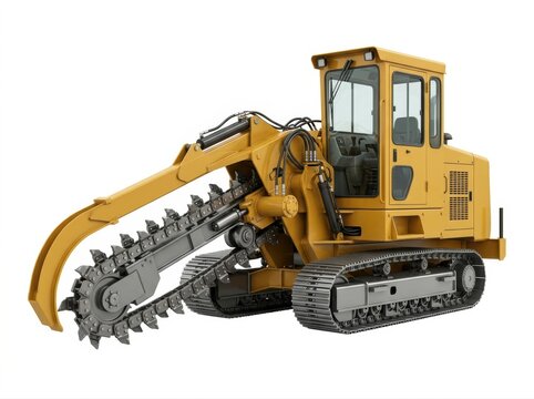Yellow trenching machine with rotating saw blade on tracks isolated on white background construction equipment