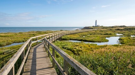 Fototapeta premium Scenic Coastal Pathway Leading to Lighthouse and Ocean View