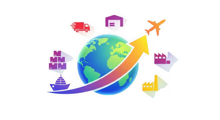 Obraz premium Colorful globe with various transportation surrounding it isolated on a transparent background