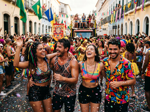 Grupo de amigos dan&ccedil;ando em festa de carnaval brasileiro na rua