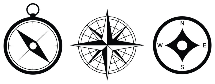 Compass symbol set featuring wind rose navigation icons for geographic and travel concept vector design.