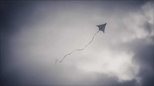 perigee. Broken kite string, kite drifting away in gray overcast sky, minimalist composition. wellbeing guides, coaching materials, designed for mental health education and mindfulness programs.