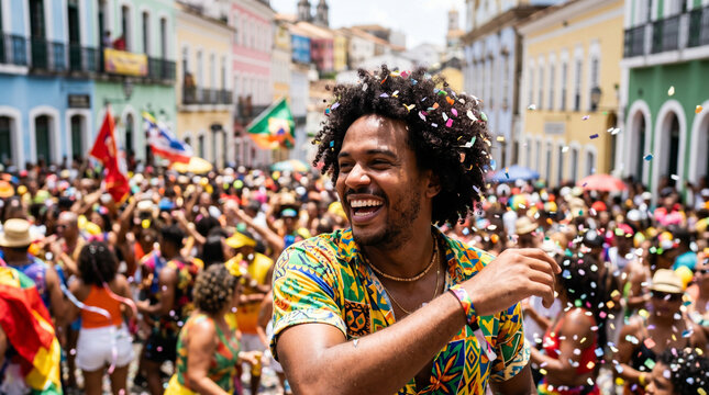 Homem sorridente em bloco de carnaval brasileiro com confetes na rua